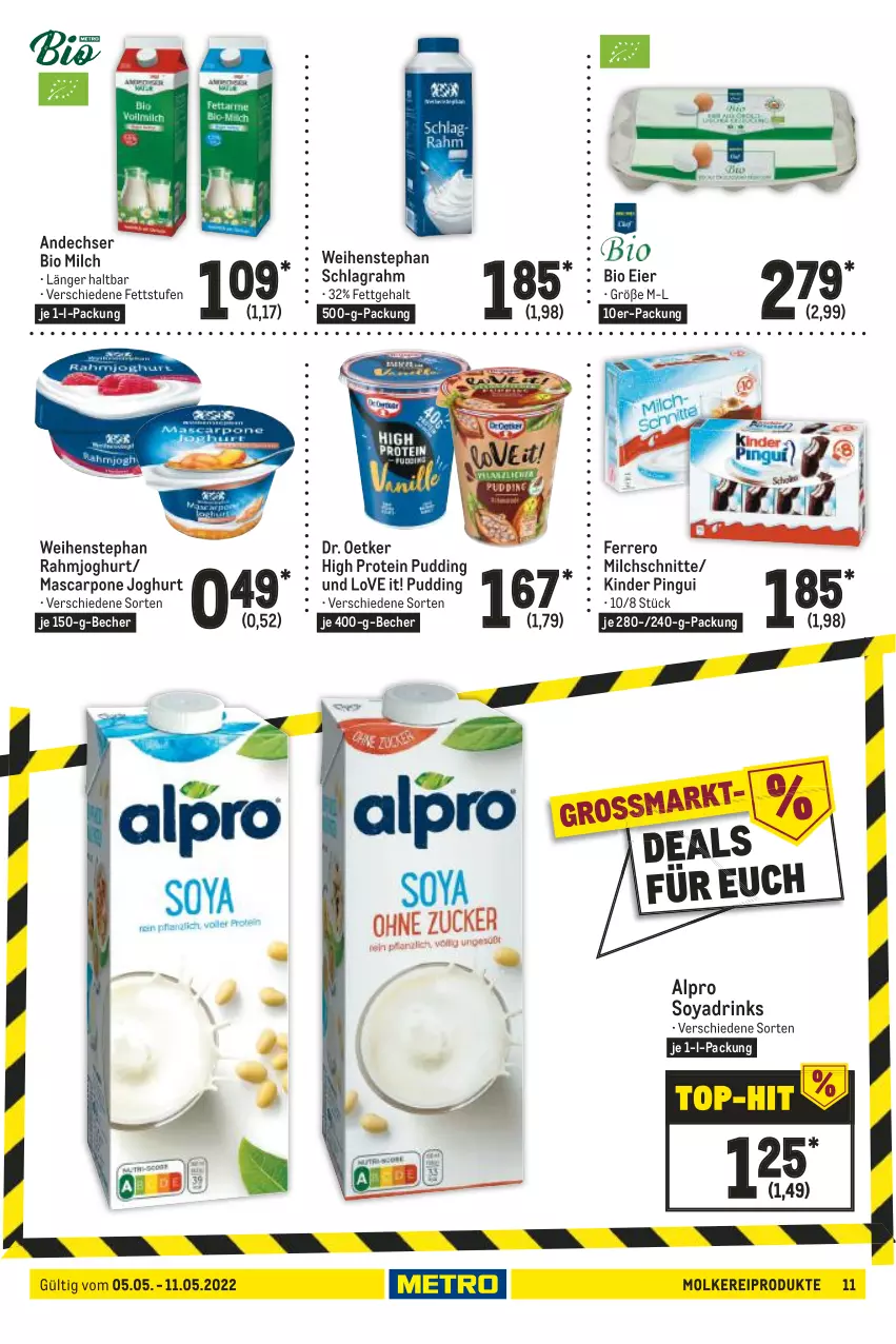 Aktueller Prospekt Metro - Food - von 05.05 bis 11.05.2022 - strona 11 - produkty: alpro, Becher, bio, Dr. Oetker, drink, drinks, eier, ferrero, joghur, joghurt, Kinder, kinder pingui, mascarpone, milch, Milchschnitte, molkereiprodukte, pingui, pudding, rahmjoghurt, schlagrahm, soya, Ti, weihenstephan