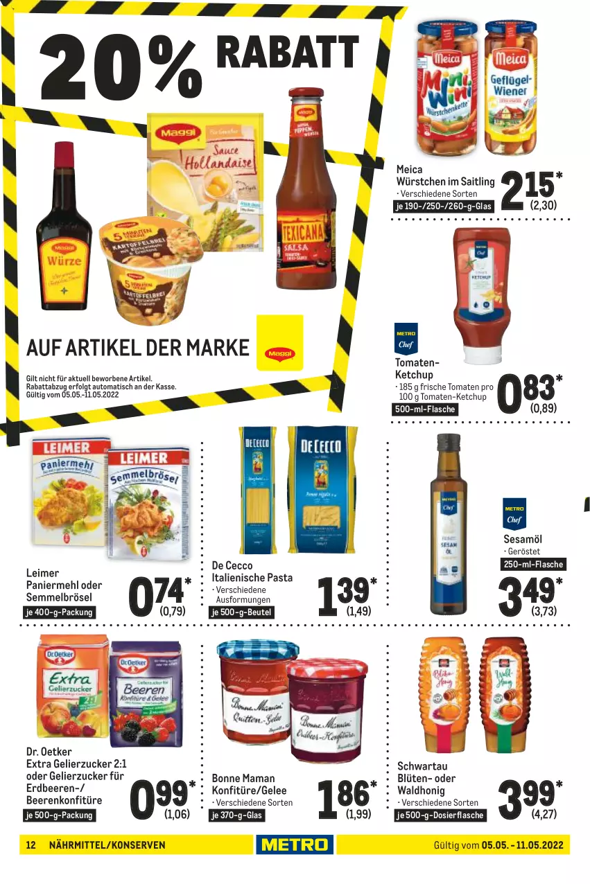 Aktueller Prospekt Metro - Food - von 05.05 bis 11.05.2022 - strona 12 - produkty: auto, beere, beeren, beutel, Blüte, bonne maman, De Cecco, Dr. Oetker, ecco, eimer, erdbeere, erdbeeren, flasche, gelee, gelierzucker, honig, italienische pasta, ketchup, konfitüre, Konserven, leimer, LG, mam, mehl, meica, Paniermehl, pasta, Schwartau, Semmel, Semmelbrösel, sesam, Sesamöl, Ti, tisch, tomate, tomaten, tomatenketchup, würstchen, zucker