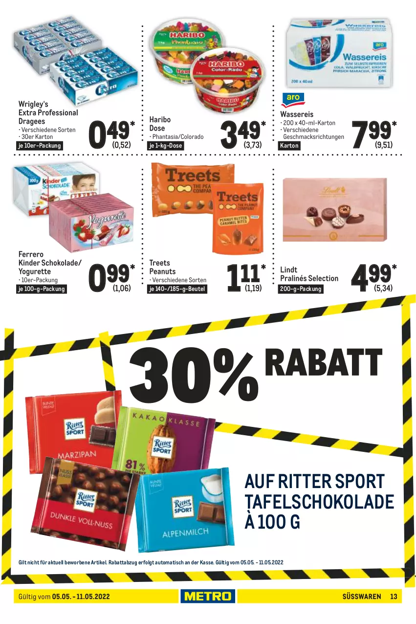 Aktueller Prospekt Metro - Food - von 05.05 bis 11.05.2022 - strona 13 - produkty: auto, beutel, eis, ferrero, haribo, Kinder, kinder schokolade, LG, lindt, mac, reis, ritter, ritter sport, schoko, schokolade, Sport, süsswaren, tafelschokolade, Ti, tisch, wasser, wassereis, Yo, yogurette