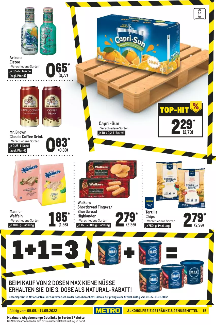 Aktueller Prospekt Metro - Food - von 05.05 bis 11.05.2022 - strona 15 - produkty: alkohol, alkoholfreie getränke, auto, beutel, Cap, capri-sun, chips, drink, eis, eistee, flasche, getränk, getränke, Manner, natur, natura, nuss, Palette, reis, tee, Ti, tisch, tortilla, Tortilla Chips, waffeln