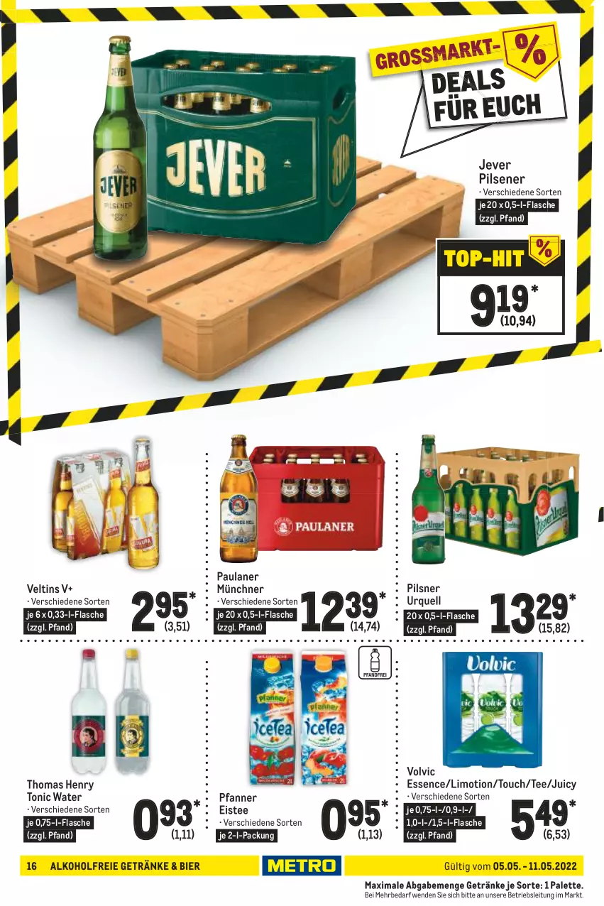 Aktueller Prospekt Metro - Food - von 05.05 bis 11.05.2022 - strona 16 - produkty: alkohol, alkoholfreie getränke, bier, eis, eistee, flasche, getränk, getränke, jever, jever pilsener, limo, Palette, Paula, paulaner, pfanne, Pfanner, pils, pilsener, pilsner, pilsner urquell, tee, thomas henry, Ti, tonic, tonic water, veltins, volvic