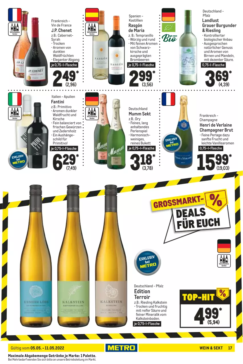 Aktueller Prospekt Metro - Food - von 05.05 bis 11.05.2022 - strona 17 - produkty: asti, auer, Bau, beere, beeren, bio, Birnen, brombeere, brombeeren, brut, burgunder, cabernet, champagne, champagner, ente, flasche, frucht, früchte, früchten, getränk, getränke, gewürz, grauer burgunder, Henri de Verlaine, Holz, J.P. Chenet, kirsch, kirsche, mandel, mandeln, mumm, nuss, Palette, perla, perlen, primitivo, Ria, riesling, schwein, sekt, tempranillo, Ti, trolli, vanille, vin de france, wein