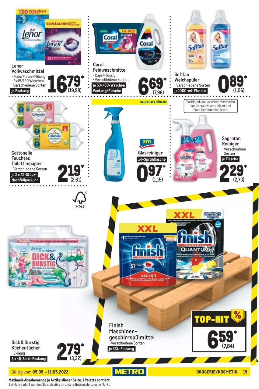 Aktueller Prospekt Metro - Food - von 05.05 bis 11.05.2022 - strona 19 - produkty: Cap, Coral, cottonelle, elle, feinwaschmittel, feuchtes toilettenpapier, Finish, flasche, geschirr, geschirrspülmittel, Glasreiniger, kosmetik, küche, Küchen, küchentücher, lenor, Palette, papier, Pods, reiniger, sagrotan, Softlan, sprühflasche, spülmittel, Ti, toilettenpapier, tücher, vollwaschmittel, waschmittel, weichspüler, xxl-packung