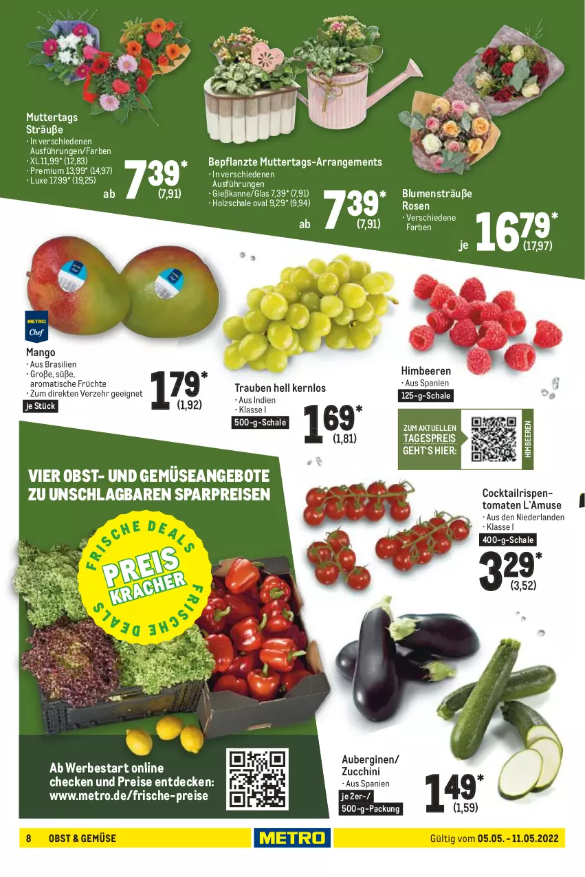 Aktueller Prospekt Metro - Food - von 05.05 bis 11.05.2022 - strona 8 - produkty: angebot, angebote, aubergine, auberginen, beere, beeren, blume, blumen, cocktail, decke, eis, elle, früchte, Gießkanne, gin, himbeer, himbeere, himbeeren, Holz, mango, Metro, obst, reis, rispentomaten, rosen, Schal, Schale, Ti, tisch, tomate, tomaten, trauben, und gemüse, ZTE, zucchini