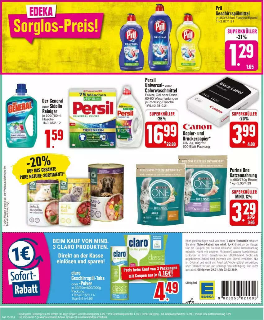 Aktueller Prospekt Edeka - Prospekte - von 29.01 bis 03.02.2024 - strona 24 - produkty: beutel, canon, colorwaschmittel, coupon, din a4, drucker, flasche, geschirr, geschirrspülmittel, katzennahrung, natur, papier, persil, pril, purina, reiniger, spülmittel, Ti, waschmittel