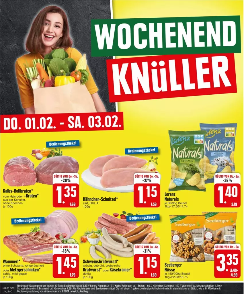 Aktueller Prospekt Edeka - Prospekte - von 29.01 bis 03.02.2024 - strona 26 - produkty: beutel, braten, bratwurst, Käse, Käsekrainer, lorenz, merl, natur, natura, rollbraten, saft, schinken, schnitzel, schwein, Ti, wein, wurst