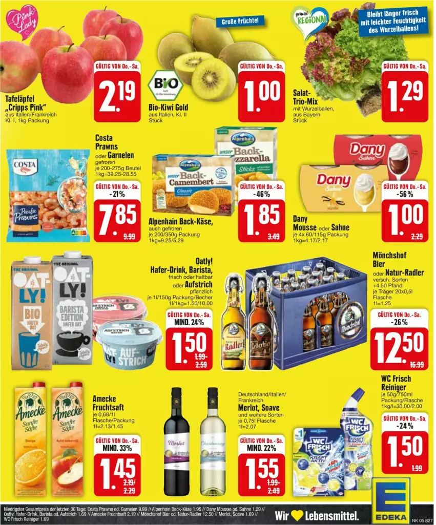 Aktueller Prospekt Edeka - Prospekte - von 29.01 bis 03.02.2024 - strona 27 - produkty: Alpenhain, amecke, aufstrich, ball, Becher, beutel, bier, bio, camembert, Dany, drink, flasche, frucht, fruchtsaft, garnelen, hafer, Käse, kiwi, Kiwi Gold, merl, merlot, mönchshof, mousse, natur, prawns, radler, reiniger, saft, sahne, salat, tafeläpfel, tee, Ti