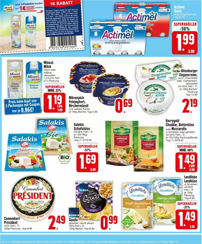 Aktueller Prospekt Edeka - Prospekte - von 29.01 bis 03.02.2024 - strona 4 - produkty: altenburger, Becher, beutel, burger, butter, butterkäse, camembert, cheddar, creme, elle, feinjoghurt, frischkäse, joghur, joghurt, Käse, kerrygold, landkäse, landliebe, Liege, milch, mövenpick, mozzarella, ndk, rel, salakis, schafskäse