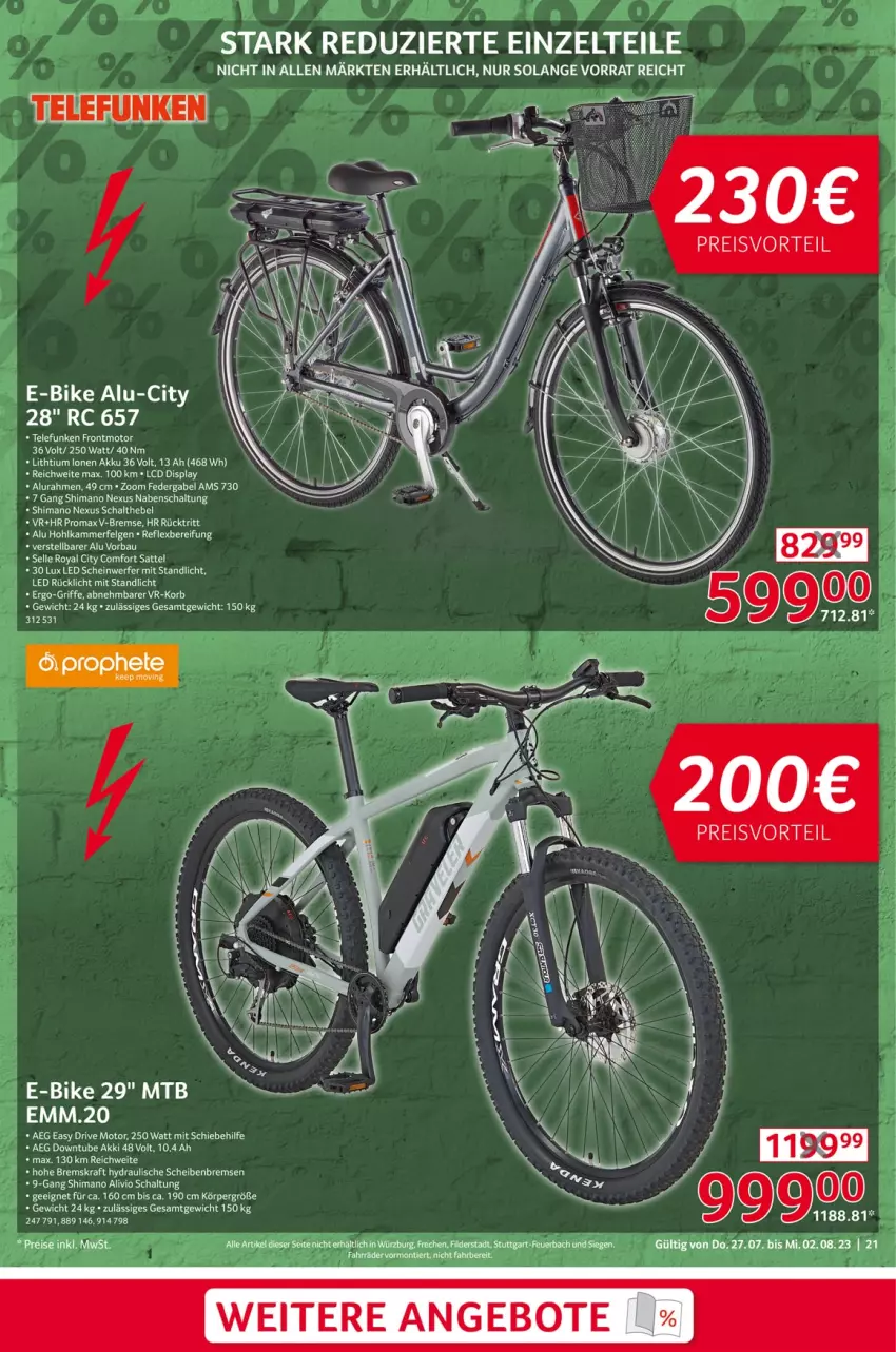 Aktueller Prospekt Selgros - Nonfood - von 27.07 bis 02.08.2023 - strona 21 - produkty: aeg, akku, Bau, E-Bike, gabel, korb, kraft, nexus, promax, rücklicht, Schal, shimano, telefunken, Ti, Zelt