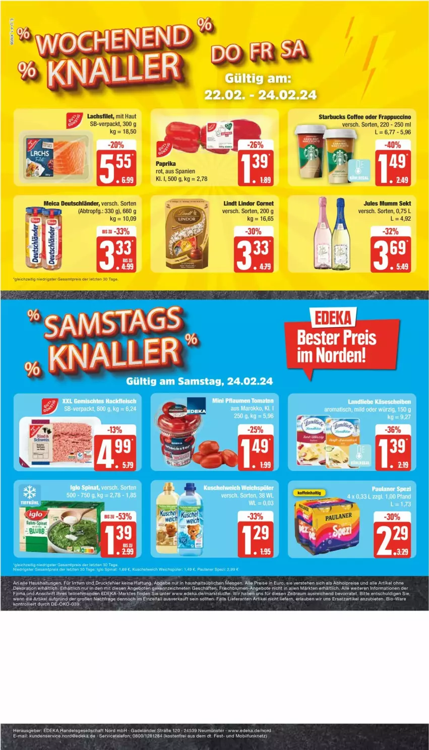 Aktueller Prospekt Edeka - Prospekte - von 19.02 bis 24.02.2024 - strona 4 - produkty: abholpreise, auer, cin, deka, eis, Elan, filet, jules mumm, lachs, lachsfilet, lindor, lindt, meica, mumm, paprika, paprika rot, reis, sekt, starbucks, tee, telefon, Ti, Tiere