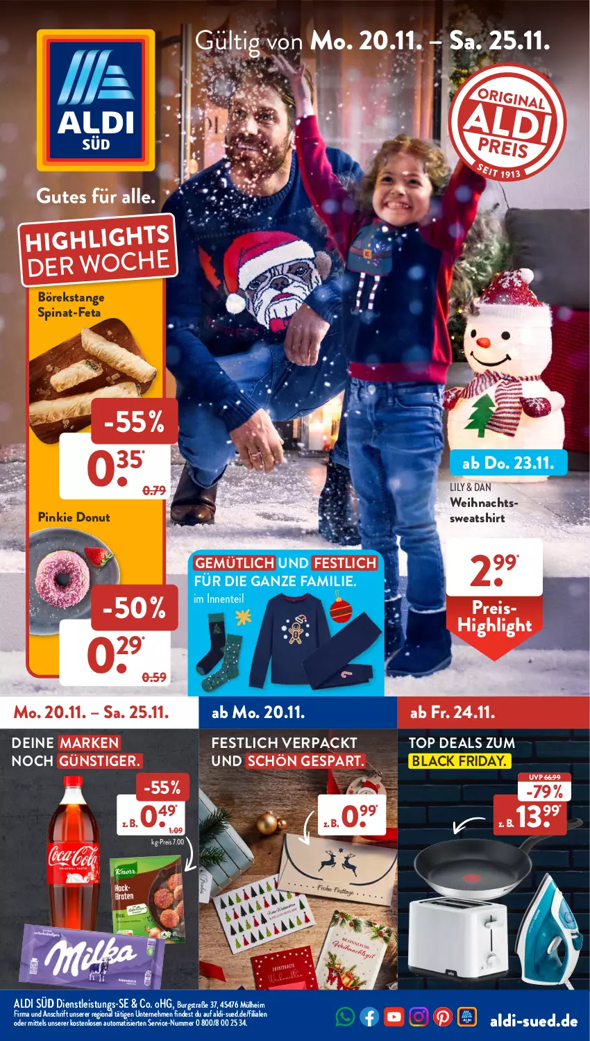 Aktueller Prospekt AldiSud - NÄCHSTE WOCHE - von 20.11 bis 25.11.2023 - strona 1 - produkty: aldi, auto, Donut, eis, ente, feta, friday, lack, reis, shirt, spinat, Sweatshirt, Ti