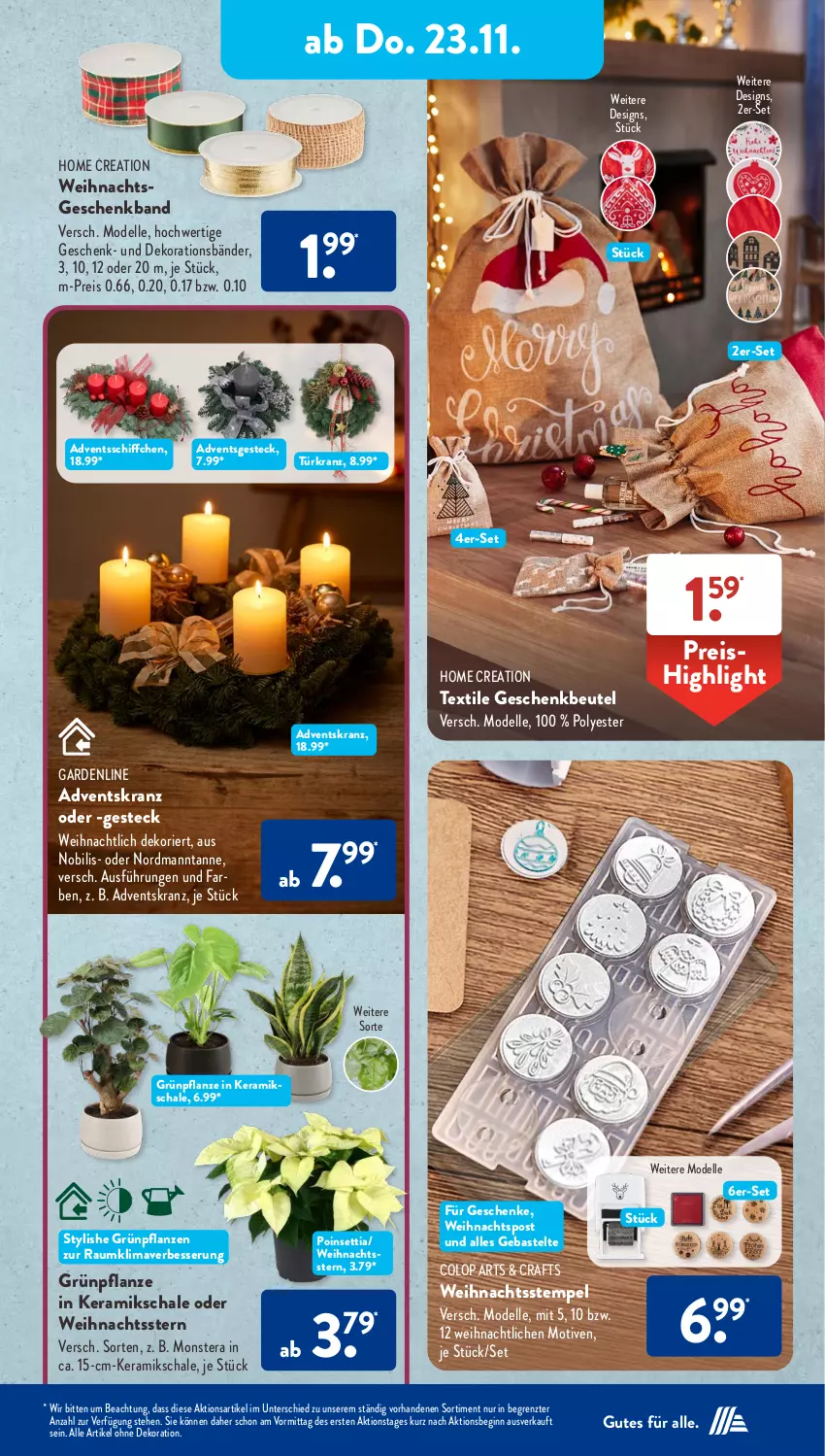 Aktueller Prospekt AldiSud - NÄCHSTE WOCHE - von 20.11 bis 25.11.2023 - strona 21 - produkty: Adventskranz, alle artikel ohne dekoration, beutel, dekoration, dell, eis, elle, Geschenkbeutel, gin, Grünpflanzen, Kranz, Mode, monster, Monstera, pflanze, pflanzen, reis, Schal, Schale, Schiffchen, Ti, Türkranz, Weihnachtsstern, ZTE