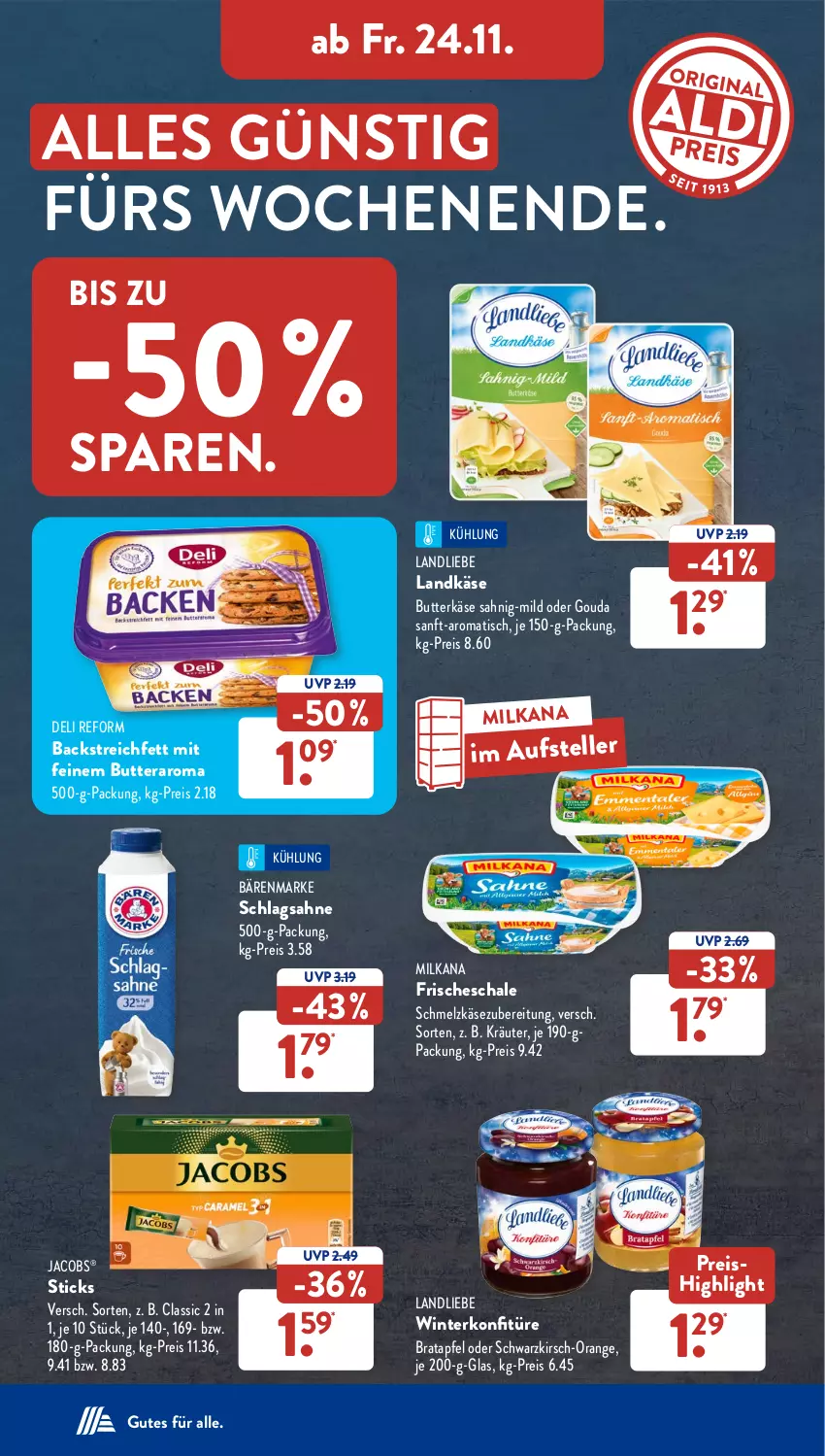 Aktueller Prospekt AldiSud - NÄCHSTE WOCHE - von 20.11 bis 25.11.2023 - strona 33 - produkty: apfel, bärenmarke, butter, butterkäse, deli reform, eis, elle, gouda, jacobs, Käse, kirsch, konfitüre, kräuter, landkäse, landliebe, milka, milkana, ndk, orange, reis, sahne, Schal, Schale, schlagsahne, Schmelzkäse, schmelzkäsezubereitung, teller, Ti, tisch