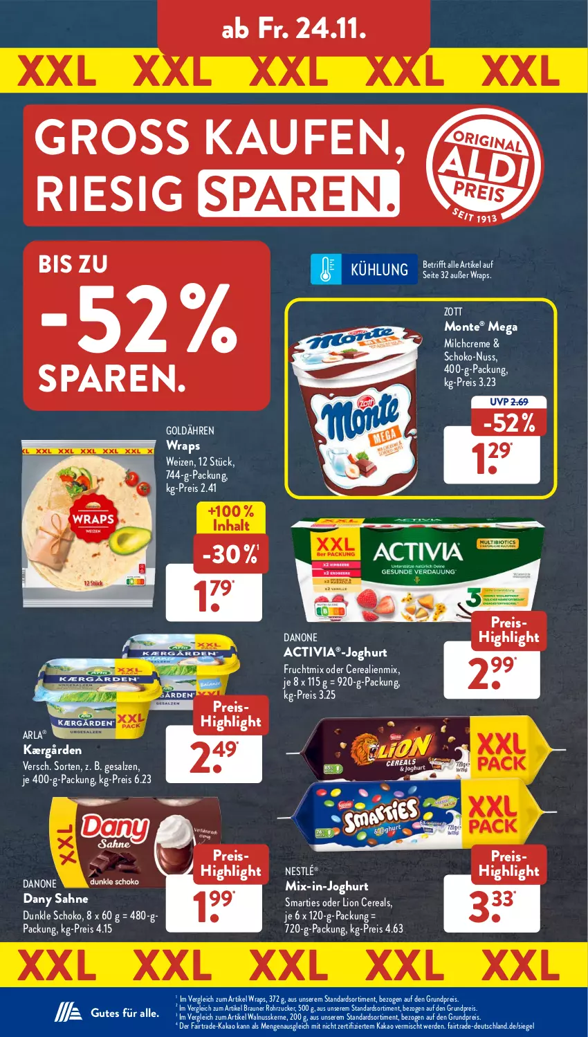 Aktueller Prospekt AldiSud - NÄCHSTE WOCHE - von 20.11 bis 25.11.2023 - strona 37 - produkty: activia, arla, braun, cerealien, cereals, creme, danone, danone activia, Dany, dany sahne, eis, erde, frucht, joghur, joghurt, Kærgården, kakao, lion, milch, monte, nestlé, nuss, reis, rohrzucker, sahne, salz, schoko, smarties, Ti, walnuss, walnusskerne, wrap, wraps, zott, Zott Monte, zucker