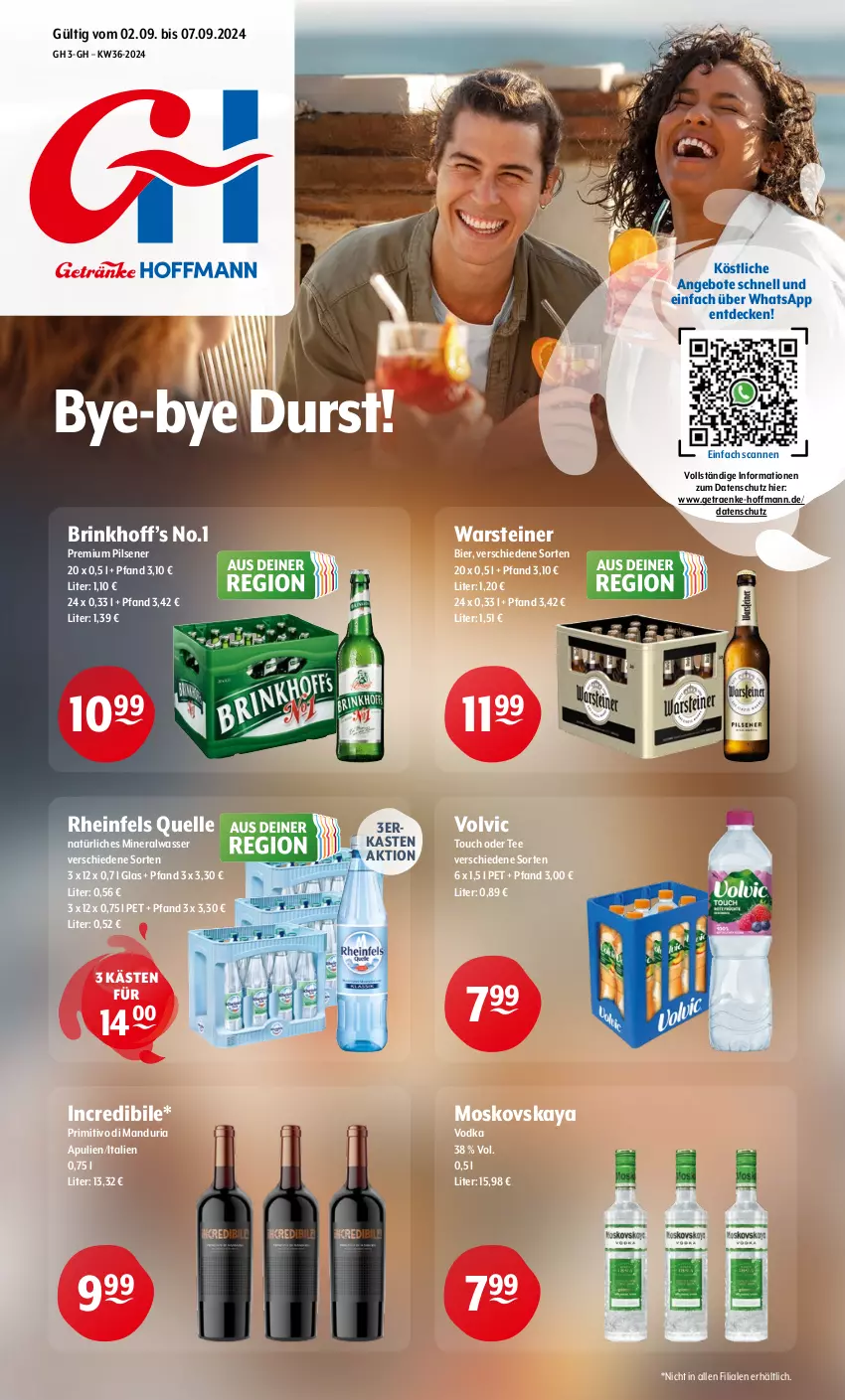 Aktueller Prospekt Getraenke Hoffmann - Prospekte - von 02.09 bis 07.09.2024 - strona 1 - produkty: Alwa, angebot, angebote, bier, decke, elle, mineralwasser, moskovskaya, natürliches mineralwasser, pils, pilsener, premium pils, primitivo, rheinfels quelle, Ria, steiner, tee, Ti, vodka, volvic, warsteiner, wasser