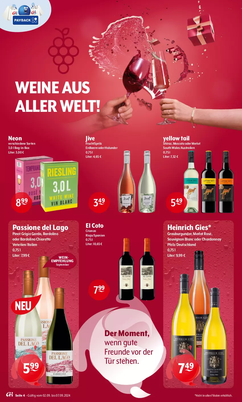 Aktueller Prospekt Getraenke Hoffmann - Prospekte - von 02.09 bis 07.09.2024 - strona 4 - produkty: aust, bag-in-box, beere, burgunder, chardonnay, chia, erdbeere, frucht, grauburgunder, holunder, merl, merlot, Pinot, pinot grigio, Ria, rioja, sauvignon, sauvignon blanc, Ti, wein, weine, yellow tail