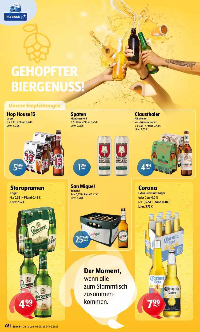 Aktueller Prospekt Getraenke Hoffmann - Prospekte - von 02.09 bis 07.09.2024 - strona 6 - produkty: alkohol, aust, bier, clausthaler, corona, nuss, Spaten, Staropramen, Ti, tisch