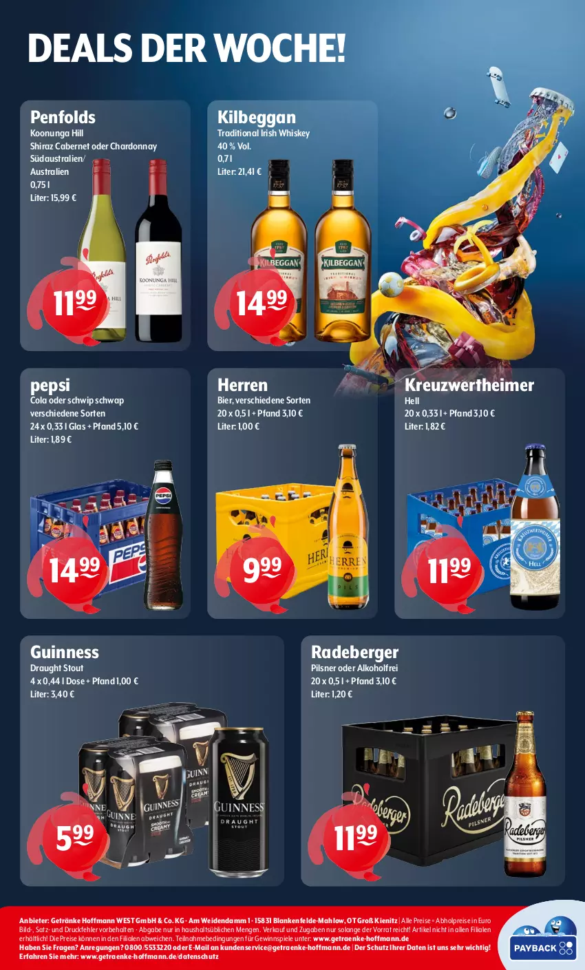 Aktueller Prospekt Getraenke Hoffmann - Prospekte - von 02.09 bis 07.09.2024 - strona 8 - produkty: abholpreise, alkohol, aust, Berger, bier, cabernet, chardonnay, cola, eimer, eis, getränk, getränke, gewinnspiel, Guinness, irish whiskey, kilbeggan, pepsi, Pepsi Cola, pils, pilsner, radeberger, radeberger pilsner, reis, Schwip Schwap, Spiele, Ti, whiskey