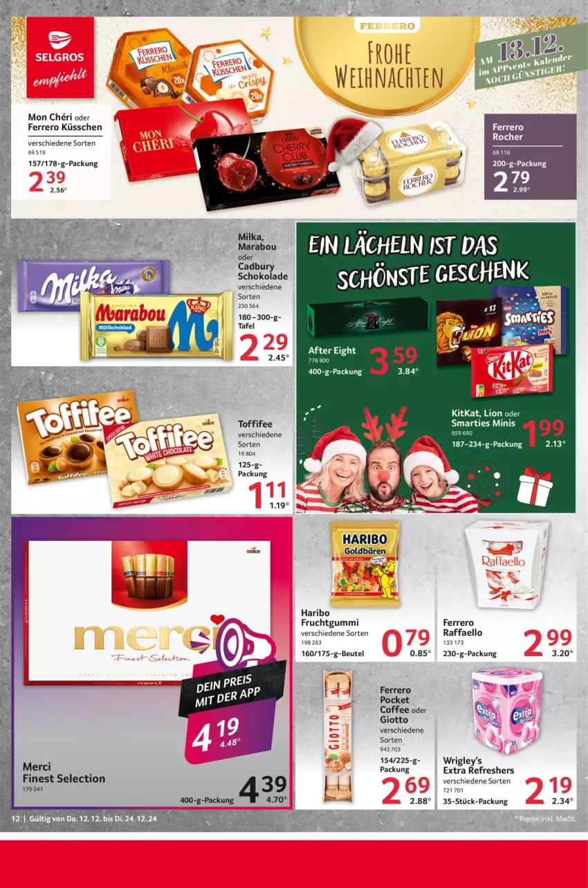 Aktueller Prospekt Selgros - Food - von 12.12 bis 24.12.2024 - strona 12 - produkty: aeg, after eight, beutel, ferrero, Ferrero Küsschen, frucht, fruchtgummi, giotto, goldbären, haribo, Marabou, merci, milka, raffaello, schoko, schokolade, smarties, storck, Ti, toffifee