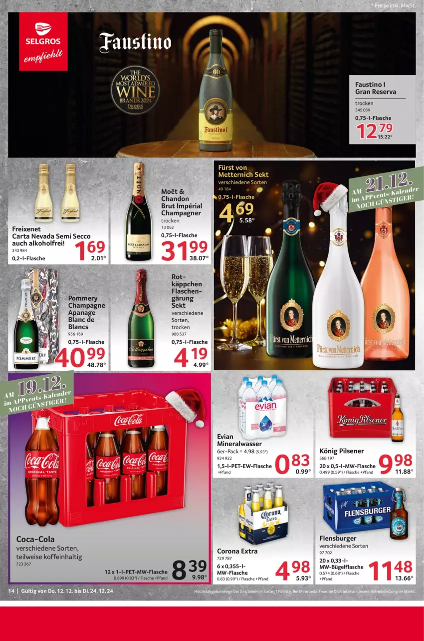 Aktueller Prospekt Selgros - Food - von 12.12 bis 24.12.2024 - strona 14 - produkty: alkohol, Alwa, aust, brut, bügel, bügelflasche, burger, champagne, champagner, coca-cola, cola, corona, corona extra, ecco, eis, flasche, flensburger, freixenet, könig pilsener, mineralwasser, mw-flasche, pils, pilsener, Ria, sekt, Ti, wasser