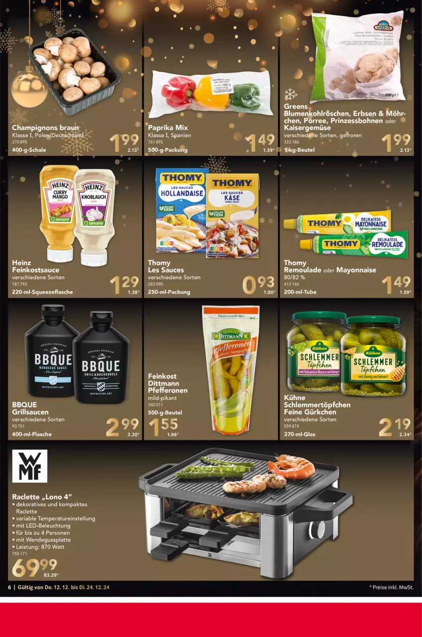 Aktueller Prospekt Selgros - Food - von 12.12 bis 24.12.2024 - strona 6 - produkty: barbecue, beleuchtung, beutel, blume, blumen, blumenkohl, bohne, bohnen, champignon, champignons, dittmann, eier, eis, erbsen, feine gürkchen, feinkost, flasche, grill, grillsauce, heinz, Kaiser, Kaisergemüse, Kühne, latte, led-beleuchtung, mayonnaise, mit led-beleuchtung, prinzessbohnen, reis, remoulade, Ria, sauce, saucen, Schal, Schale, schlemmertöpfchen, thomy, Ti, Töpfchen, Yo