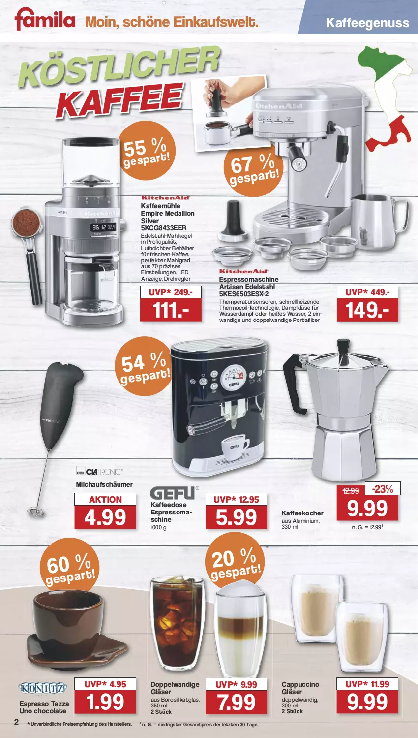 Aktueller Prospekt Famila - Prospekte - von 19.08 bis 24.08.2024 - strona 2 - produkty: Behälter, Cap, cappuccino, cin, cola, dalli, edelstahl, eis, elle, espresso, Gläser, kaffee, kaffeegenuss, Kaffeemühle, Kocher, LG, lion, milch, milchaufschäumer, nuss, reis, teller, Ti, wasser, ZTE