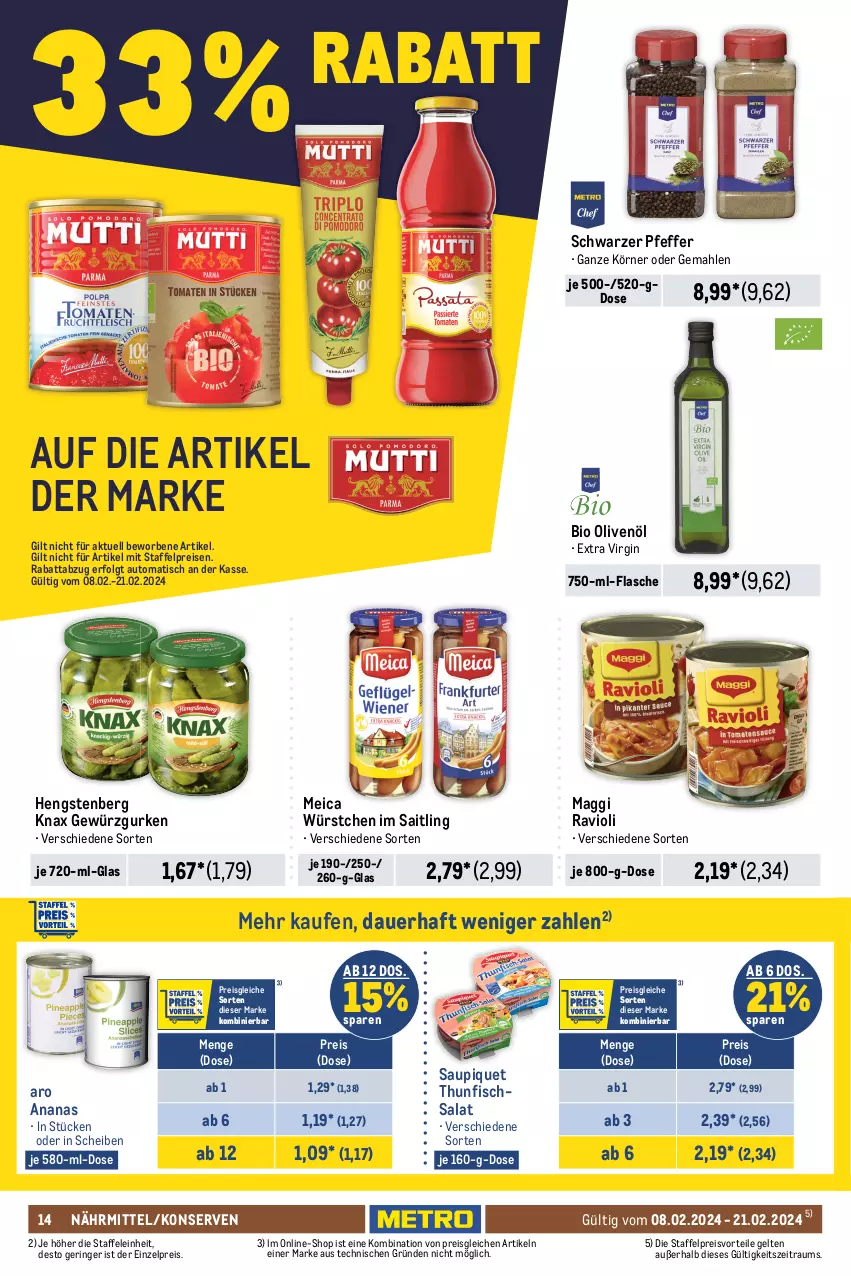 Aktueller Prospekt Metro - Food - NonFood - von 08.02 bis 21.02.2024 - strona 14 - produkty: ananas, auer, auto, barilla, beutel, bio, burger, De Cecco, ecco, eis, fisch, flasche, gewürz, Gewürzgurke, gewürzgurken, gin, gurke, gurken, heinz, hengstenberg, hollandaise, hot dog, italienische pasta, je 500-ml-flasche, ketchup, Konserven, LG, maggi, maggi fix, mayonnaise, meica, Metro, nadler, olive, oliven, olivenöl, pasta, Pasta Sauce, pfeffer, preisvorteil, Rauch, ravioli, reis, remoulade, ring, salat, sauce, sauce hollandaise, saucen, saupiquet, thunfisch, Thunfischsalat, Ti, tisch, tomato ketchup, würstchen, Yo