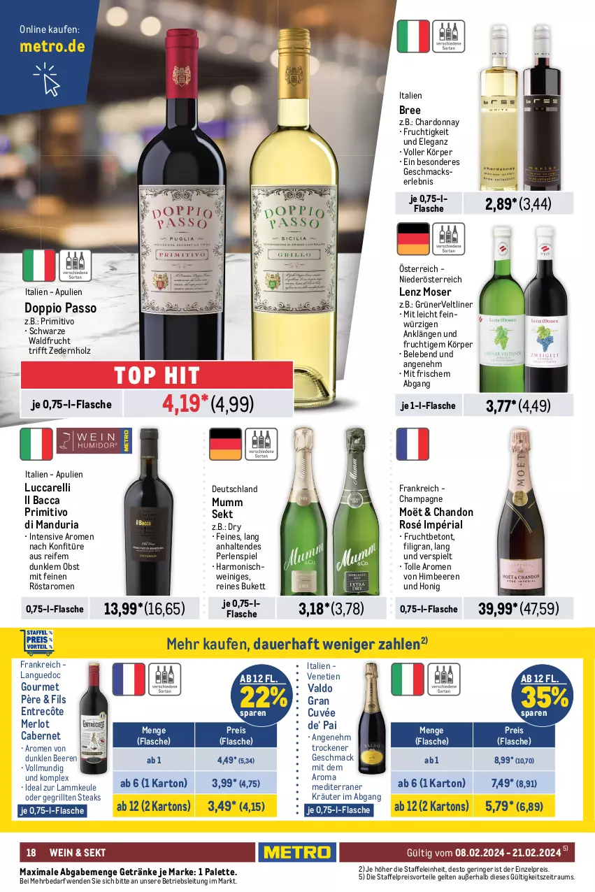 Aktueller Prospekt Metro - Food - NonFood - von 08.02 bis 21.02.2024 - strona 18 - produkty: ACC, auer, Bad, beere, beeren, Birnen, bree, brut, burgunder, cabernet, champagne, chardonnay, chia, chianti, crémant de loire, cuvée, doppio passo, eis, Elan, entrecôte, flasche, frucht, früchte, früchten, geldermann, getränk, getränke, grapefruit, grill, himbeer, himbeere, himbeeren, Holz, honig, kirsch, konfitüre, kräuter, lamm, lammkeule, Lenz Moser, Lusti, mac, merl, merlot, Metro, moser, mumm, obst, Palette, passo, perlen, pfirsich, pfirsiche, preisvorteil, primitivo, reis, rel, Ria, riesling, ring, riserva, saro, sauvignon, sauvignon blanc, schoko, schwarzriesling, schwein, sekt, spätburgunder, Spezi, Stachelbeeren, steak, steaks, Ti, trolli, trollinger, valdo, vanille, wein