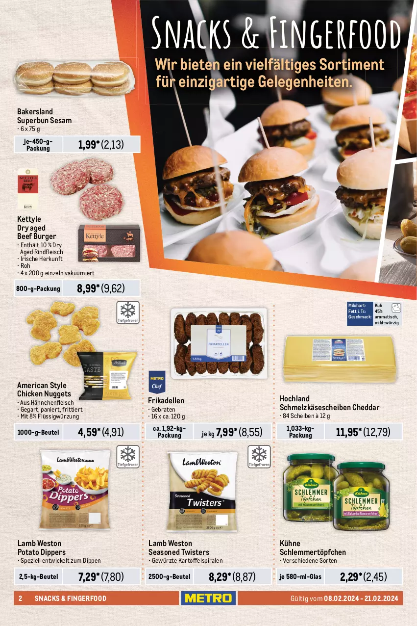 Aktueller Prospekt Metro - Food - NonFood - von 08.02 bis 21.02.2024 - strona 2 - produkty: Becher, beef, beutel, braten, burger, cheddar, chicken nuggets, cola, corona, corona extra, dell, dip, Doritos, eis, elle, flasche, fleisch, frikadellen, getränk, getränke, gewürz, gin, guacamole, Hähnchenfleisch, hochland, jack daniel, kartoffel, Käse, käsescheiben, Kühne, mac, Metro, milch, mozzarella, nacho, Nachos, nuggets, orangina, Palette, paprika, preisvorteil, reis, rel, rind, rindfleisch, sauce, saucen, schlemmertöpfchen, Schmelzkäse, sesam, snack, snacks, sour cream, Spezi, Ti, tisch, Töpfchen, WICK, ZTE