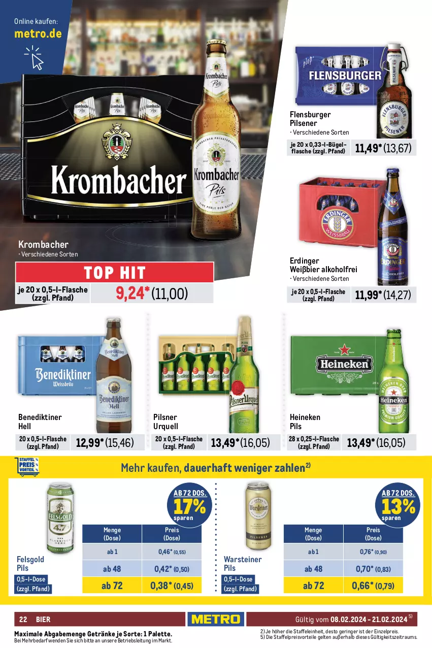 Aktueller Prospekt Metro - Food - NonFood - von 08.02 bis 21.02.2024 - strona 22 - produkty: alkohol, alkoholfreie getränke, Alwa, auer, Benediktiner, bier, bügel, bügelflasche, burger, coca-cola, cola, drink, Effect, eis, eistee, energy drink, erdinger, flasche, flensburger, gerolsteine, gerolsteiner, getränk, getränke, heineken, krombache, krombacher, Metro, mineralwasser, Nektar, Palette, pils, pilsener, pilsner, pilsner urquell, preisvorteil, reis, ring, saft, Staatl. Fachingen, steiner, tee, Ti, warsteiner, wasser