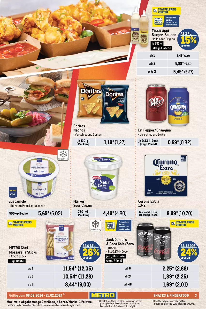 Aktueller Prospekt Metro - Food - NonFood - von 08.02 bis 21.02.2024 - strona 3 - produkty: Becher, beef, beutel, braten, burger, cheddar, chicken nuggets, cola, corona, corona extra, dell, dip, Doritos, eis, elle, flasche, fleisch, frikadellen, getränk, getränke, gewürz, gin, guacamole, Hähnchenfleisch, hochland, jack daniel, kartoffel, Käse, käsescheiben, Kühne, mac, Metro, milch, mozzarella, nacho, Nachos, nuggets, orangina, Palette, paprika, preisvorteil, reis, rel, rind, rindfleisch, sauce, saucen, schlemmertöpfchen, Schmelzkäse, sesam, snack, snacks, sour cream, Spezi, Ti, tisch, Töpfchen, WICK, ZTE