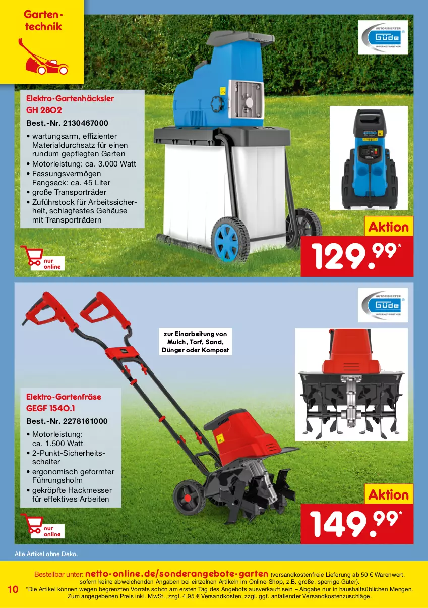 Aktueller Prospekt Netto Marken-Discount - Online-SonderangeboteGarten - von 01.03 bis 30.04.2022 - strona 10 - produkty: angebot, angebote, dünger, eis, Elektro, ente, Garten, Gartenhäcksler, messer, ndk, reis, Ria, sac, Schal, Sport, Ti, versandkostenfrei, ZTE