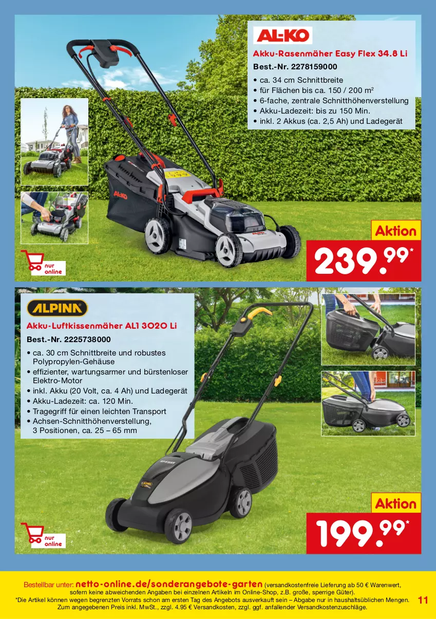 Aktueller Prospekt Netto Marken-Discount - Online-SonderangeboteGarten - von 01.03 bis 30.04.2022 - strona 11 - produkty: akku, akku-rasenmäher, angebot, angebote, Brei, bürste, bürsten, eis, Elektro, ente, Garten, kissen, ladegerät, ndk, rasen, rasenmäher, reis, Sport, Ti, versandkostenfrei, ZTE