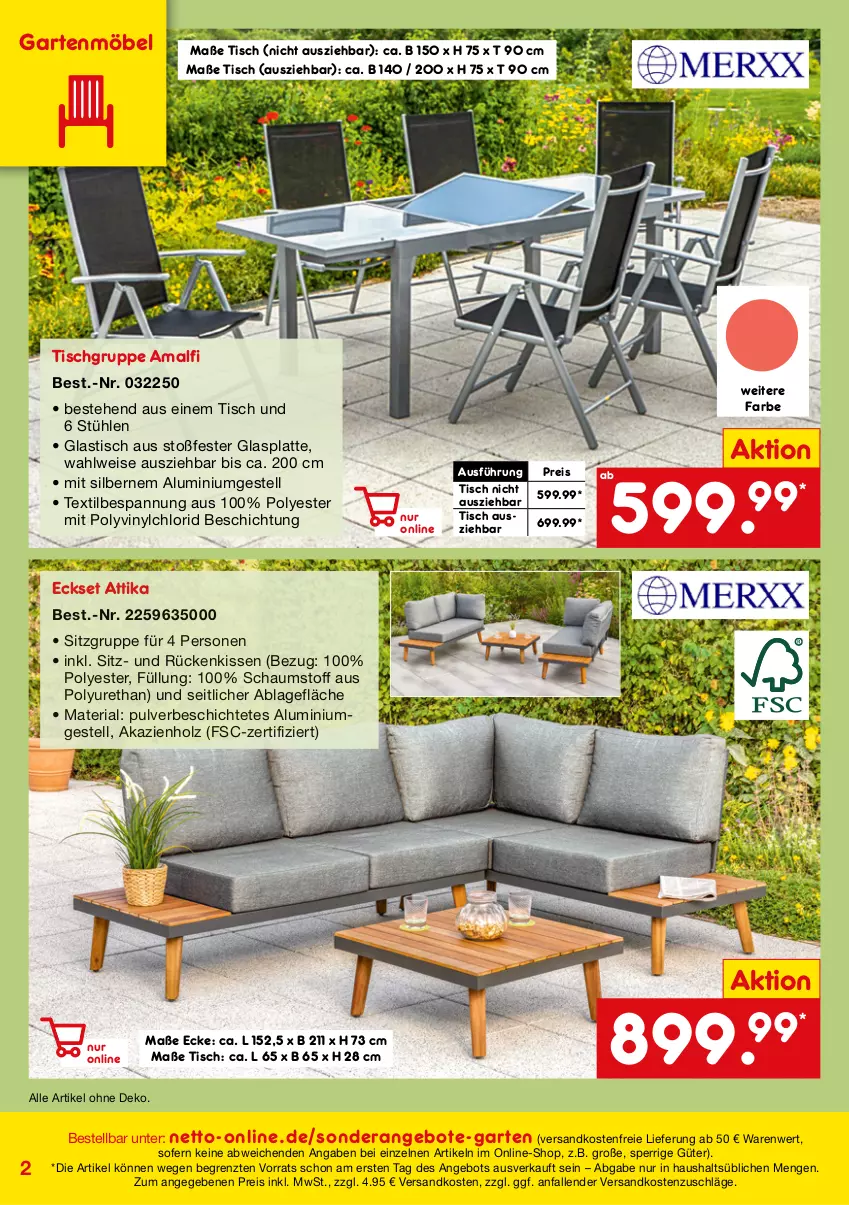 Aktueller Prospekt Netto Marken-Discount - Online-SonderangeboteGarten - von 01.03 bis 30.04.2022 - strona 2 - produkty: aluminiumgestell, angebot, angebote, asti, eis, Garten, gartenmöbel, glasplatte, Holz, kissen, latte, möbel, ndk, reis, Ria, Rückenkissen, Stühl, Ti, tisch, versandkostenfrei, ZTE