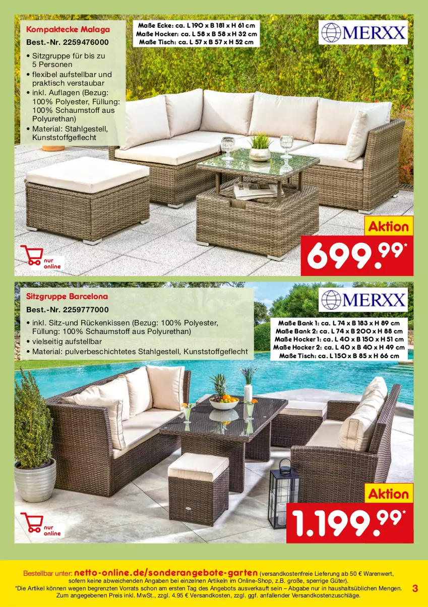 Aktueller Prospekt Netto Marken-Discount - Online-SonderangeboteGarten - von 01.03 bis 30.04.2022 - strona 3 - produkty: angebot, angebote, Bank, eis, Garten, hocker, kissen, kunststoffgeflecht, LG, ndk, reis, Ria, Rückenkissen, Ti, tisch, versandkostenfrei, ZTE