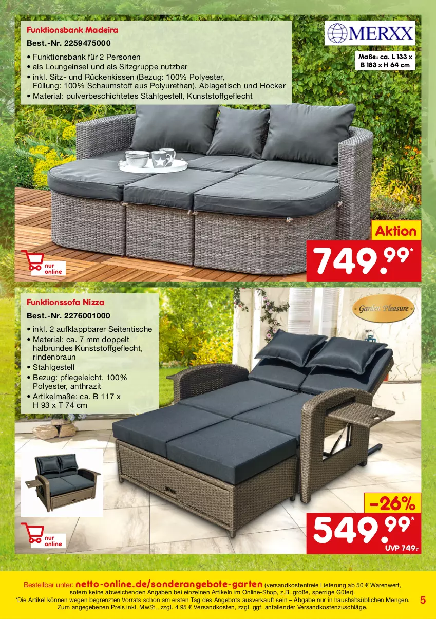 Aktueller Prospekt Netto Marken-Discount - Online-SonderangeboteGarten - von 01.03 bis 30.04.2022 - strona 5 - produkty: angebot, angebote, Bank, braun, eis, funktionssofa, Garten, hocker, kissen, kunststoffgeflecht, LG, ndk, reis, Ria, rind, Rückenkissen, Sofa, Ti, tisch, versandkostenfrei, ZTE