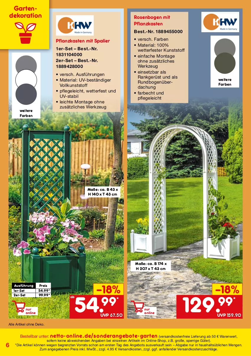 Aktueller Prospekt Netto Marken-Discount - Online-SonderangeboteGarten - von 01.03 bis 30.04.2022 - strona 6 - produkty: angebot, angebote, dekoration, eis, Garten, Gartendekoration, ndk, Pflanzkasten, reis, Ria, rosen, Ti, versandkostenfrei, werkzeug, ZTE