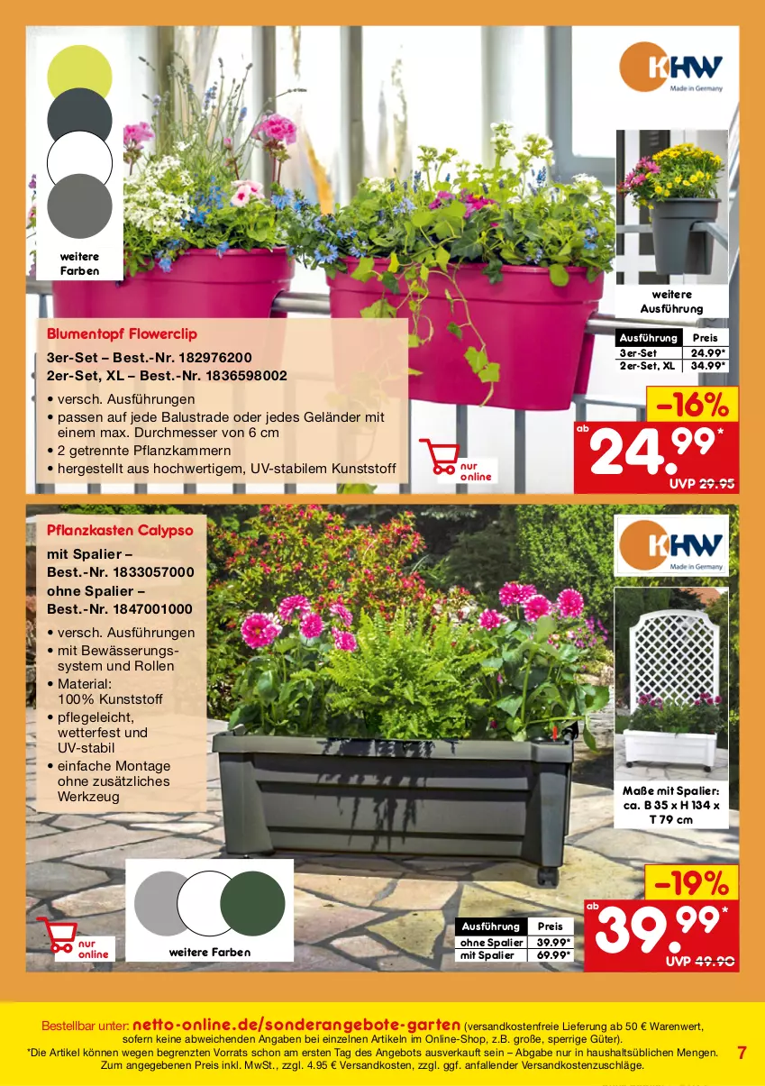 Aktueller Prospekt Netto Marken-Discount - Online-SonderangeboteGarten - von 01.03 bis 30.04.2022 - strona 7 - produkty: angebot, angebote, blume, blumen, eis, Garten, messer, ndk, Pflanzkasten, reis, Ria, Ti, topf, versandkostenfrei, werkzeug, ZTE