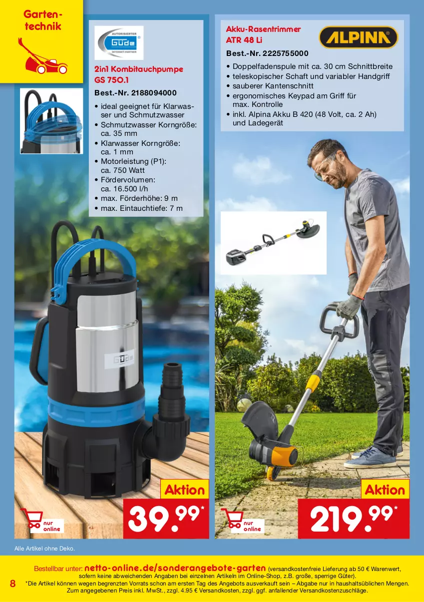 Aktueller Prospekt Netto Marken-Discount - Online-SonderangeboteGarten - von 01.03 bis 30.04.2022 - strona 8 - produkty: akku, alpina, angebot, angebote, Brei, eis, ente, Garten, HP, korn, ladegerät, ndk, rasen, rasentrimmer, reis, Ria, Teleskop, Ti, versandkostenfrei, wasser, ZTE