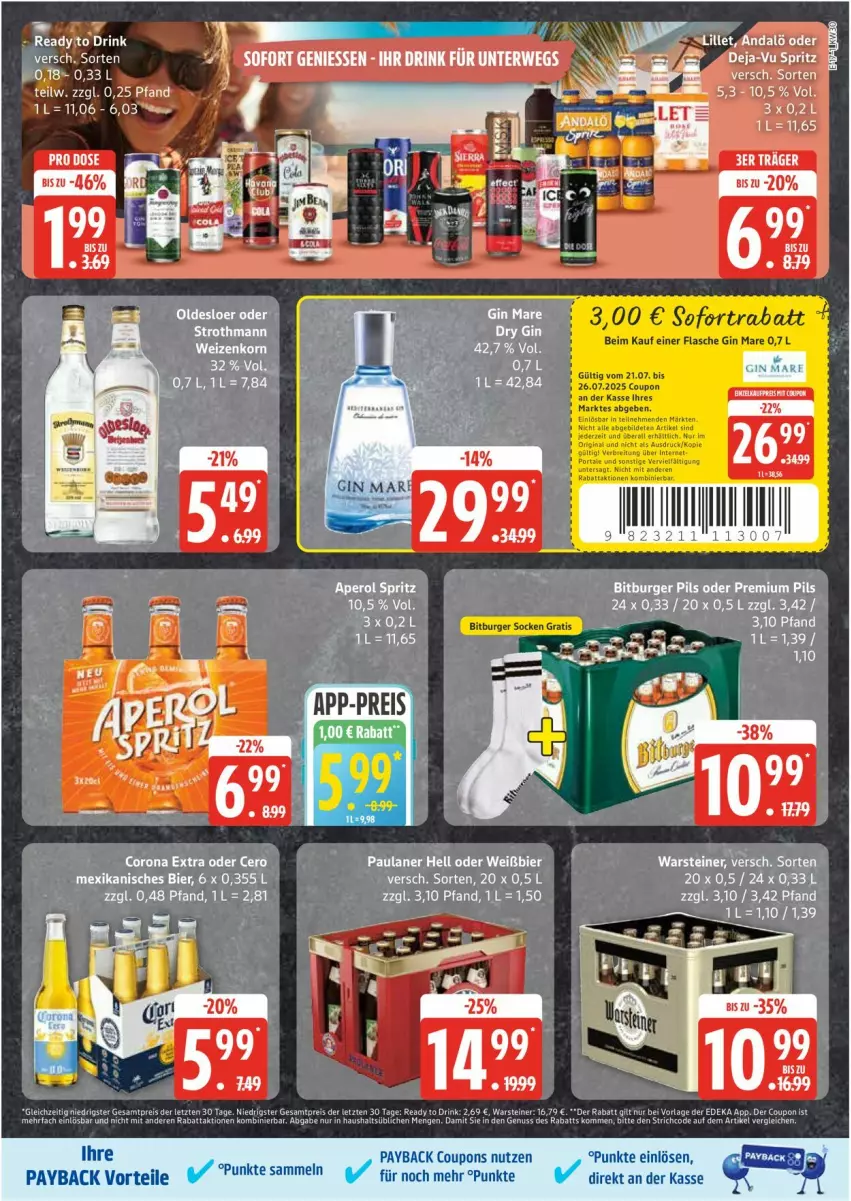 Aktueller Prospekt Edeka - Prospekte - von 21.07 bis 26.07.2025 - strona 17 - produkty: aperol, bier, bitburger, bitburger pils, burger, coupon, coupons, dry gin, flasche, gin, gin mare, lillet, nuii, Paula, paulaner, payback, pils, premium pils, steiner, Ti, warsteiner