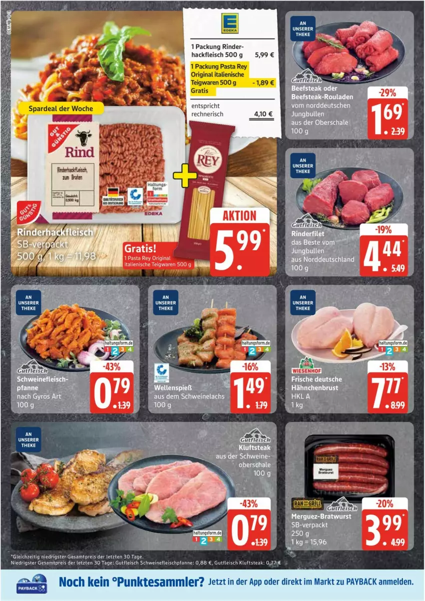Aktueller Prospekt Edeka - Prospekte - von 21.07 bis 26.07.2025 - strona 8 - produkty: eis, fleisch, gin, gutfleisch, hackfleisch, HP, Kluftsteak, pasta, payback, pfanne, reis, rind, rinder, schwein, schweine, schweinefleisch, steak, teigwaren, tesa, Ti, wein, weine, ZTE
