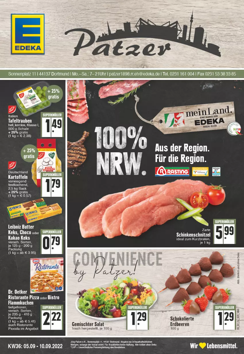 Aktueller Prospekt Edeka - Angebote der Woche - von 05.09 bis 10.09.2022 - strona 1 - produkty: angebot, beere, beeren, butter, cola, eis, erdbeere, erdbeeren, flammkuchen, kakao, kartoffel, kartoffeln, keks, kuchen, lamm, lebensmittel, leibniz, pizza, ristorante, ristorante pizza, sac, salat, Schal, Schale, schinken, schinkenschnitzel, schnitzel, schoko, tafeltrauben, tee, Ti, trauben