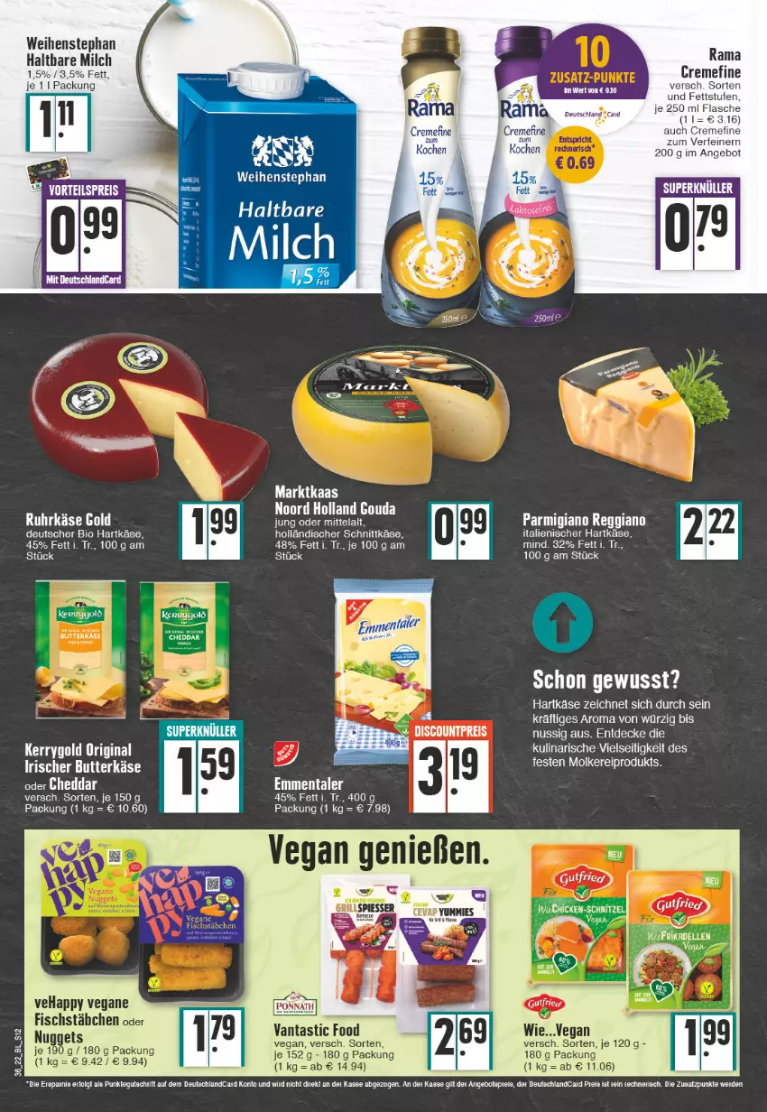 Aktueller Prospekt Edeka - Angebote der Woche - von 05.09 bis 10.09.2022 - strona 12 - produkty: angebot, angebote, asti, bio, creme, decke, deutschlandcard, emmentaler, fisch, fischstäbchen, flasche, gin, gouda, gouda jung, haltbare milch, hartkäse, holländischer schnittkäse, italienischer hartkäse, Käse, kerrygold, LG, milch, nuss, parmigiano, parmigiano reggiano, rama, reggiano, schnittkäse, Ti, uhr, weihenstephan