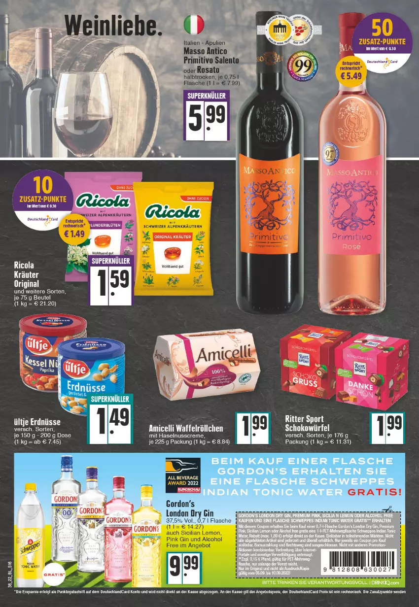 Aktueller Prospekt Edeka - Angebote der Woche - von 05.09 bis 10.09.2022 - strona 16 - produkty: angebot, angebote, beutel, cola, creme, deutschlandcard, drink, dry gin, erdnüsse, flasche, gin, gordon, Gordon’s, haselnuss, Haselnusscreme, kräuter, LG, london dry, london dry gin, nuss, primitivo, Ricola, ritter, ritter sport, rosato, schoko, schokowürfel, Sport, Ti, ültje, ültje erdnüsse, würfel