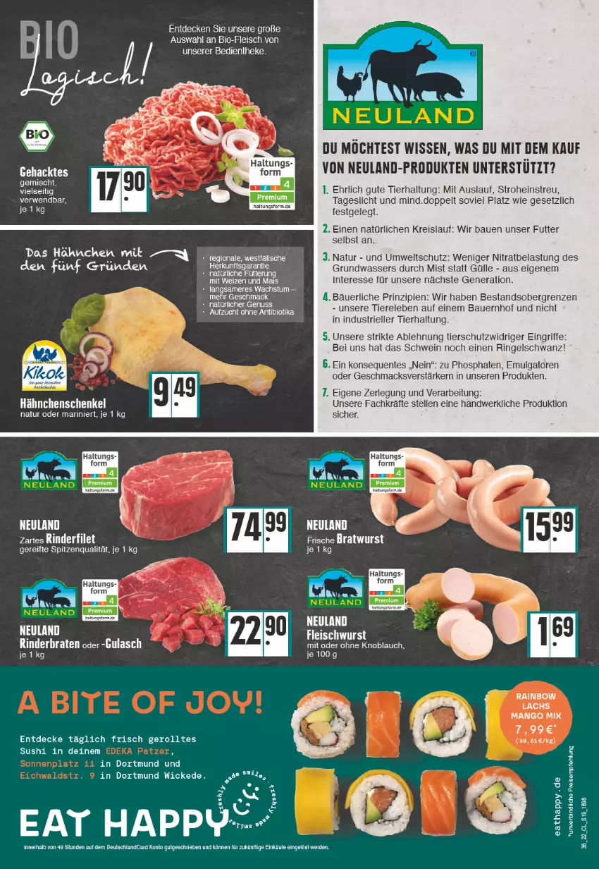 Aktueller Prospekt Edeka - Angebote der Woche - von 05.09 bis 10.09.2022 - strona 19 - produkty: auer, Bau, Bauer, bio, braten, decke, deutschlandcard, eis, elle, ente, erde, fleisch, gulasch, hähnchenschenkel, henkel, knoblauch, lachs, LG, mac, mais, mango, mit oder ohne knoblauch, natur, nuss, reis, rel, rind, rinder, rinderbraten, ring, rwe, schenkel, schwein, spitzenqualität, Sushi, Ti, Tiere, wasser, wein, WICK