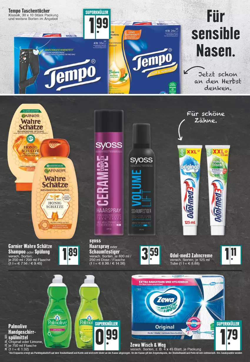 Aktueller Prospekt Edeka - Angebote der Woche - von 05.09 bis 10.09.2022 - strona 20 - produkty: angebot, creme, flasche, garnier, gin, haarspray, limo, Odol, olive, palmolive, schaumfestiger, shampoo, shampoo oder spülung, spülung, syoss, Tasche, taschen, taschentücher, tee, Tempo, Ti, tücher, Wahre Schätze, Yo, zahncreme