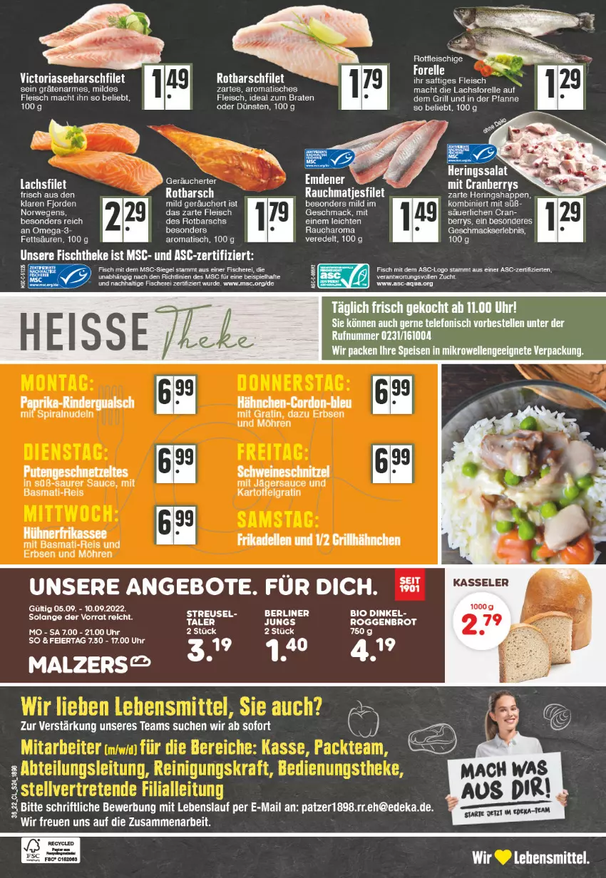 Aktueller Prospekt Edeka - Angebote der Woche - von 05.09 bis 10.09.2022 - strona 24 - produkty: angebot, angebote, aqua, basmati, basmati-reis, berliner, brot, deka, dell, eier, eis, elle, ente, erbsen, filet, fisch, fische, Fischer, fischtheke, fleisch, forelle, frikadellen, geschnetzeltes, grill, grillhähnchen, hering, Herings, Heringshappen, hühner, kartoffel, kasseler, lachs, lachsfilet, lebensmittel, LG, mac, malz, möhren, nerf, omega, Omega-3, papier, paprika, pfanne, pute, Putengeschnetzeltes, Rauch, reis, rel, Ria, rind, rinder, ring, Rotbarsch, rotbarschfilet, rwe, saft, salat, sauce, Schere, schnitzel, schwein, schweine, schweineschnitzel, telefon, Ti, tisch, uhr, wein, weine, Zelt