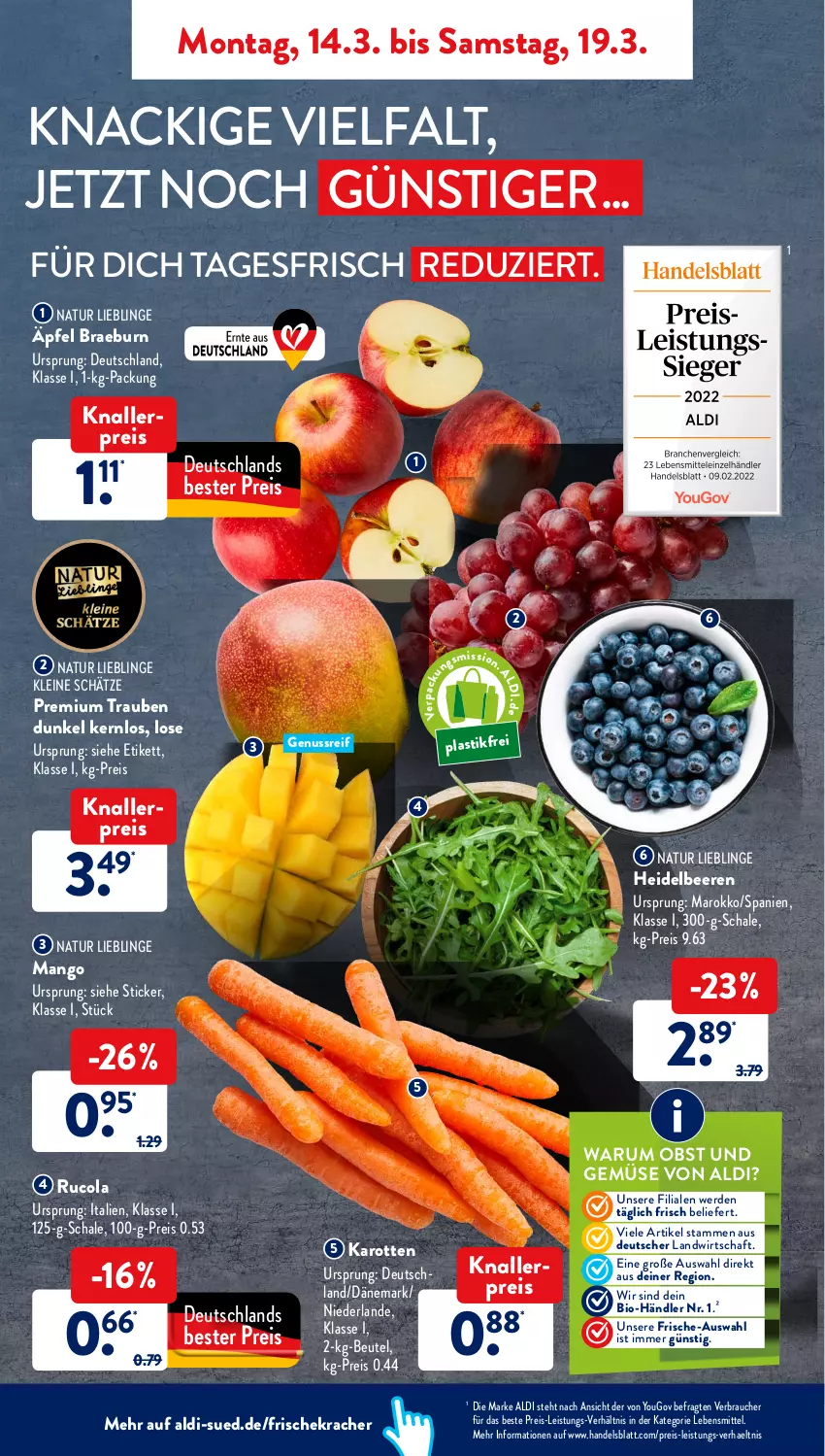 Aktueller Prospekt AldiSud - ALDI Aktuell - von 14.03 bis 19.03.2022 - strona 2 - produkty: aldi, asti, beere, beeren, beutel, bio, cola, eis, erde, heidelbeere, heidelbeeren, karotten, knallerpreis, kracher, lebensmittel, leine, mango, natur, nuss, obst, Obst und Gemüse, Rauch, reis, rucola, rum, Schal, Schale, Ti, trauben, und gemüse, Yo