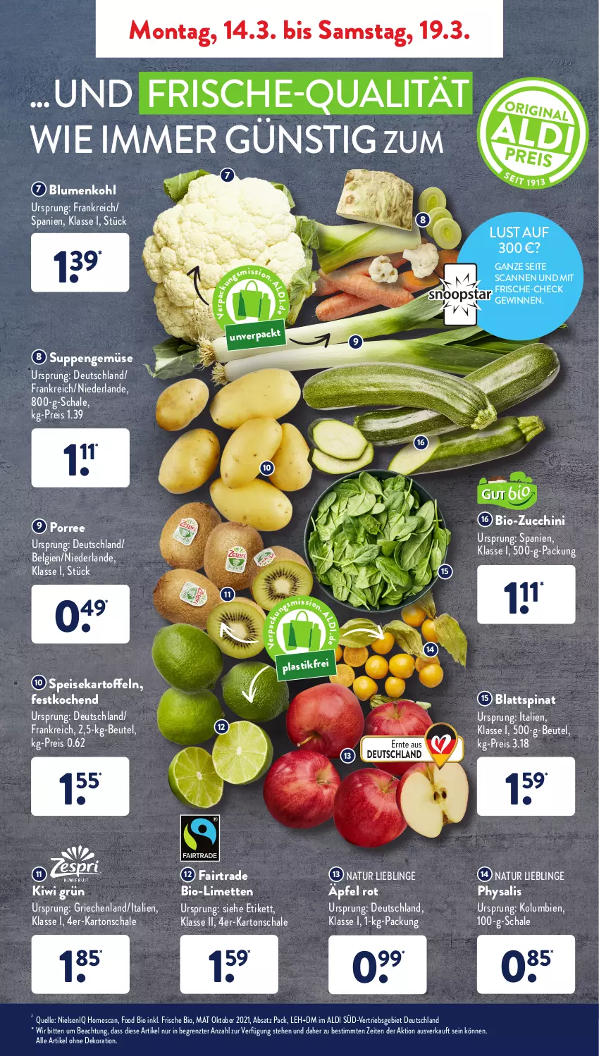 Aktueller Prospekt AldiSud - ALDI Aktuell - von 14.03 bis 19.03.2022 - strona 3 - produkty: aldi, alle artikel ohne dekoration, asti, beutel, bio, bio-zucchini, blattspinat, blume, blumen, blumenkohl, dekoration, eis, elle, kartoffel, kartoffeln, kiwi, LG, limette, limetten, Mett, metten, natur, Physalis, reis, Schal, Schale, speisekartoffeln, spinat, suppe, suppen, Ti, ZTE, zucchini