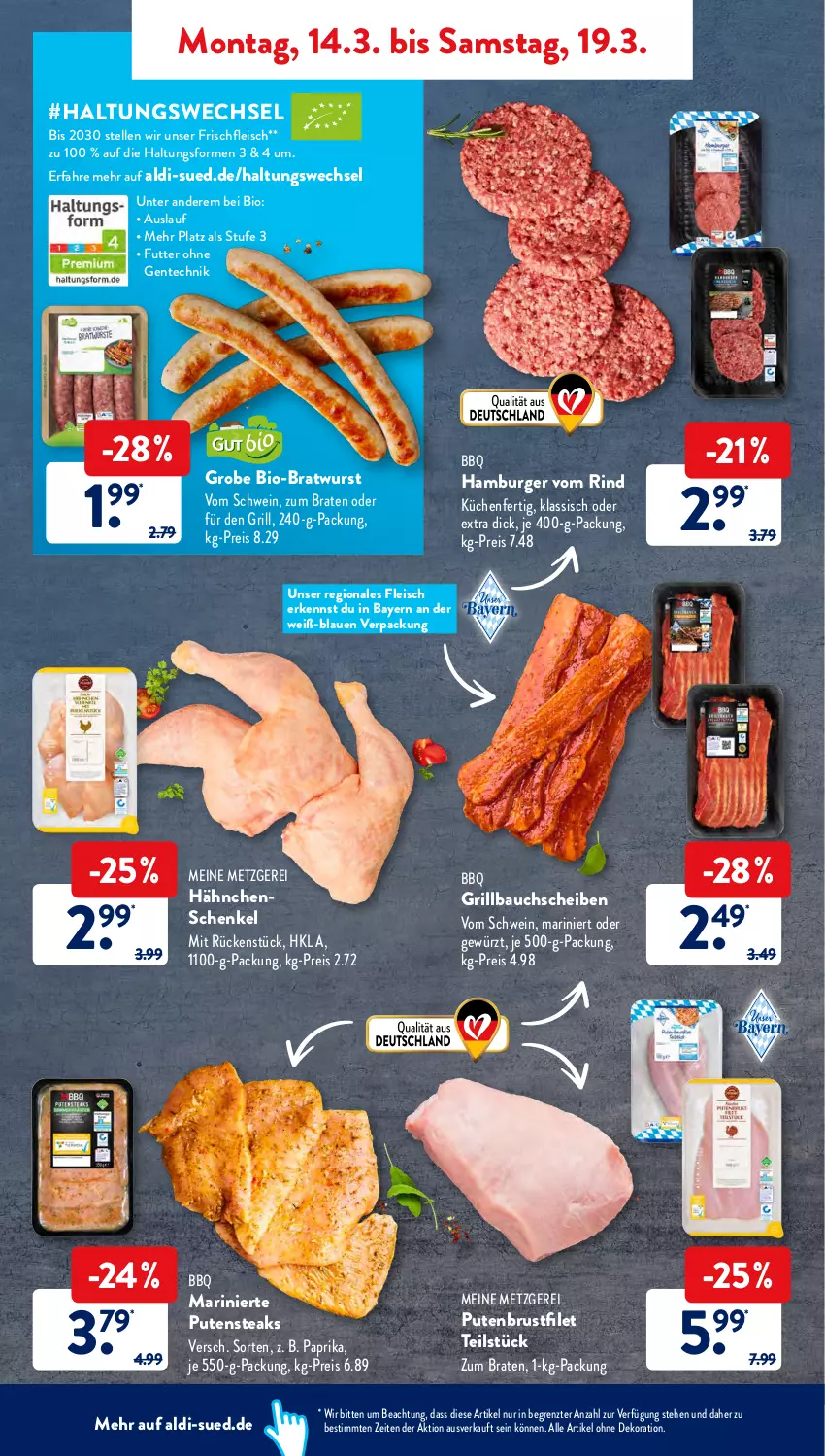 Aktueller Prospekt AldiSud - ALDI Aktuell - von 14.03 bis 19.03.2022 - strona 4 - produkty: aldi, alle artikel ohne dekoration, Bau, bauchscheiben, bio, braten, bratwurst, brustfilet, burger, dekoration, eis, elle, ente, filet, fleisch, gewürz, grill, Grillbauch, gsw, hähnchenschenkel, hamburger, henkel, küche, Küchen, paprika, pute, putenbrust, putenbrustfilet, putensteaks, reis, rind, schenkel, schwein, steak, steaks, Ti, wein, wurst, ZTE